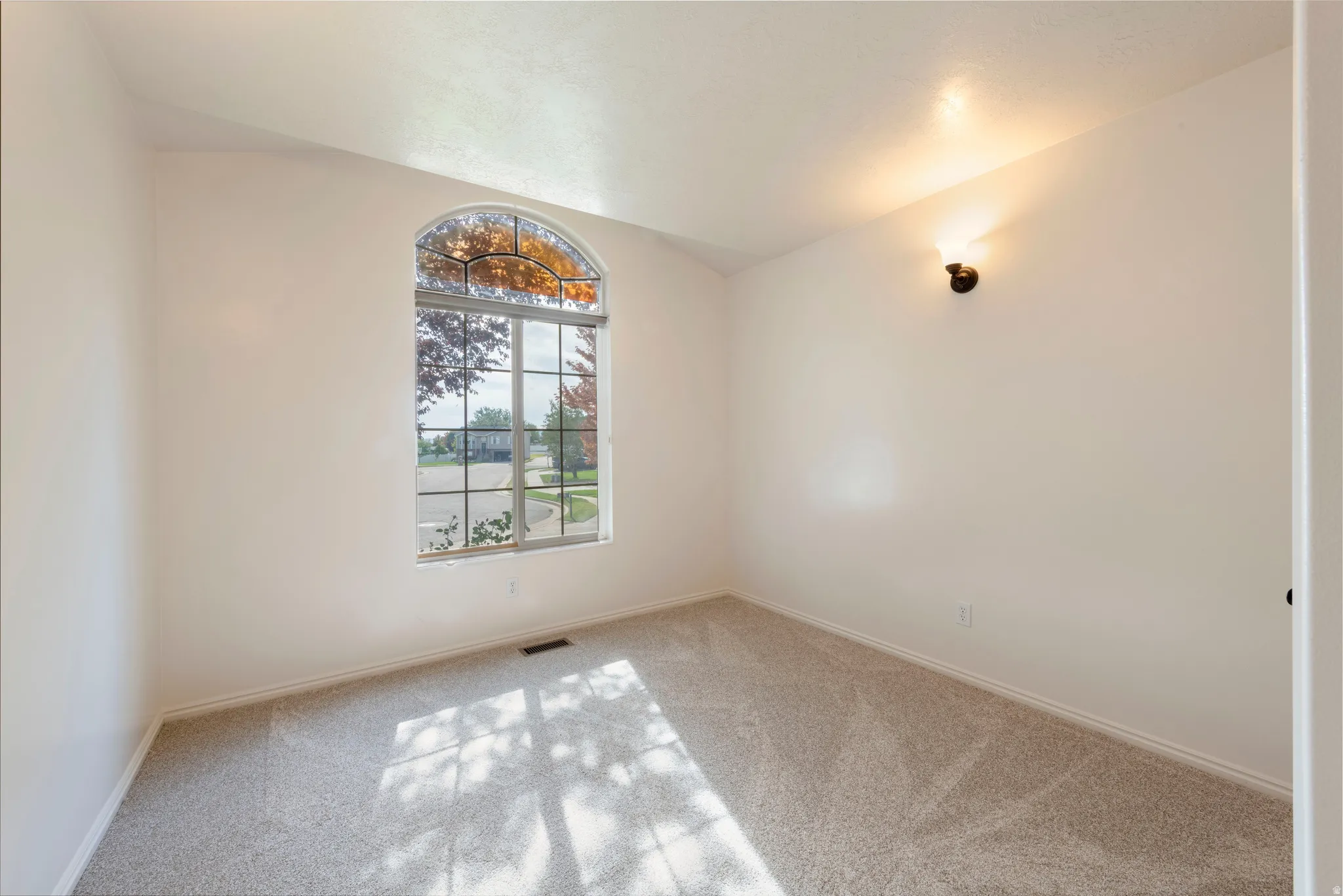 Arched window with gridded upper pane, wall-mounted sconce, and neutral carpeting