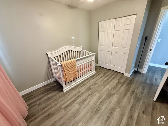 Wood-finish flooring with neutral wall tones and a ceiling-mounted light fixture