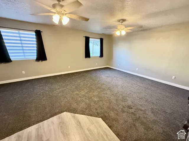 Spacious room featuring plush carpet flooring, two ceiling fans with integrated lighting, and multiple windows with blinds