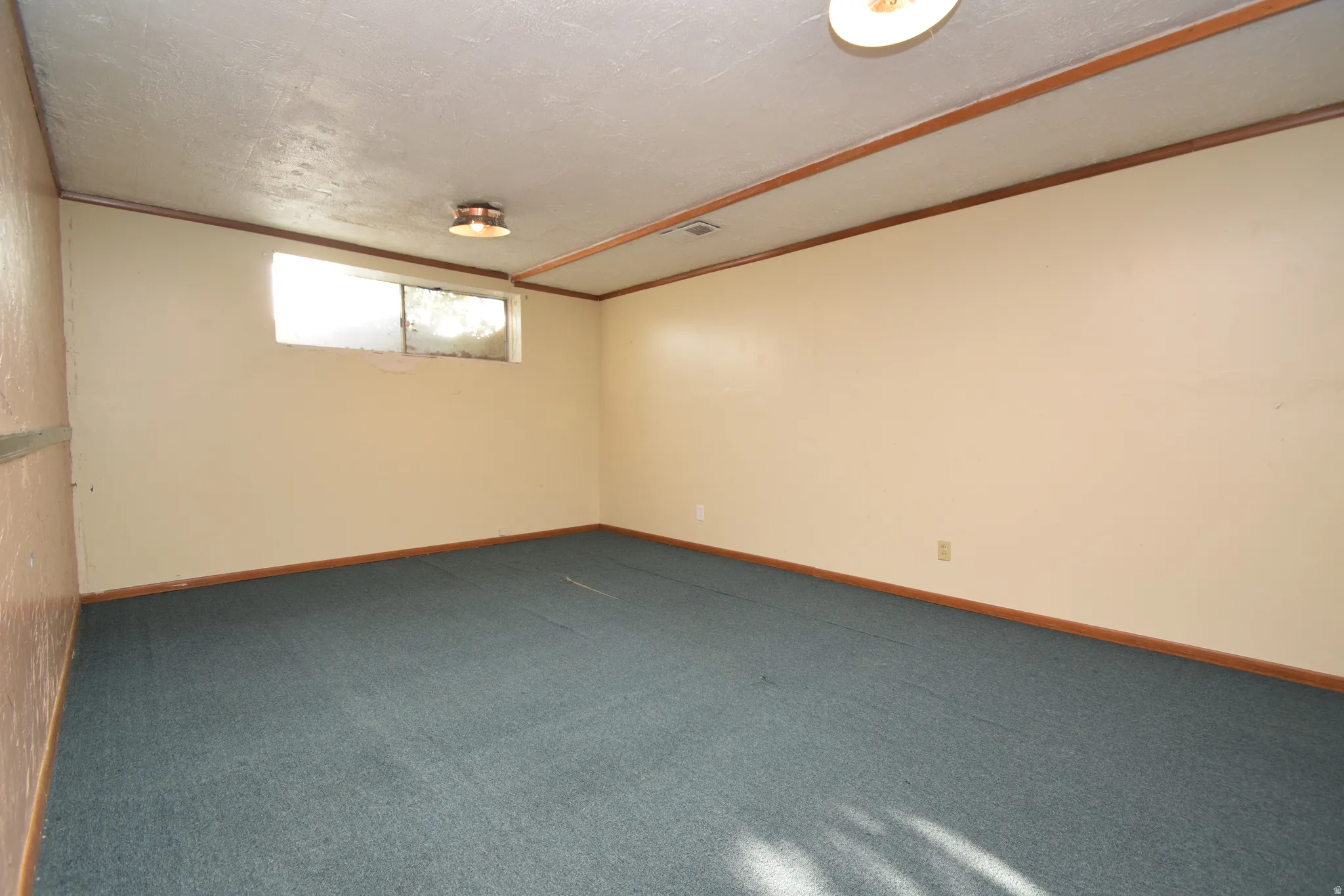Carpeted room with light-colored walls, wood trim, and a window