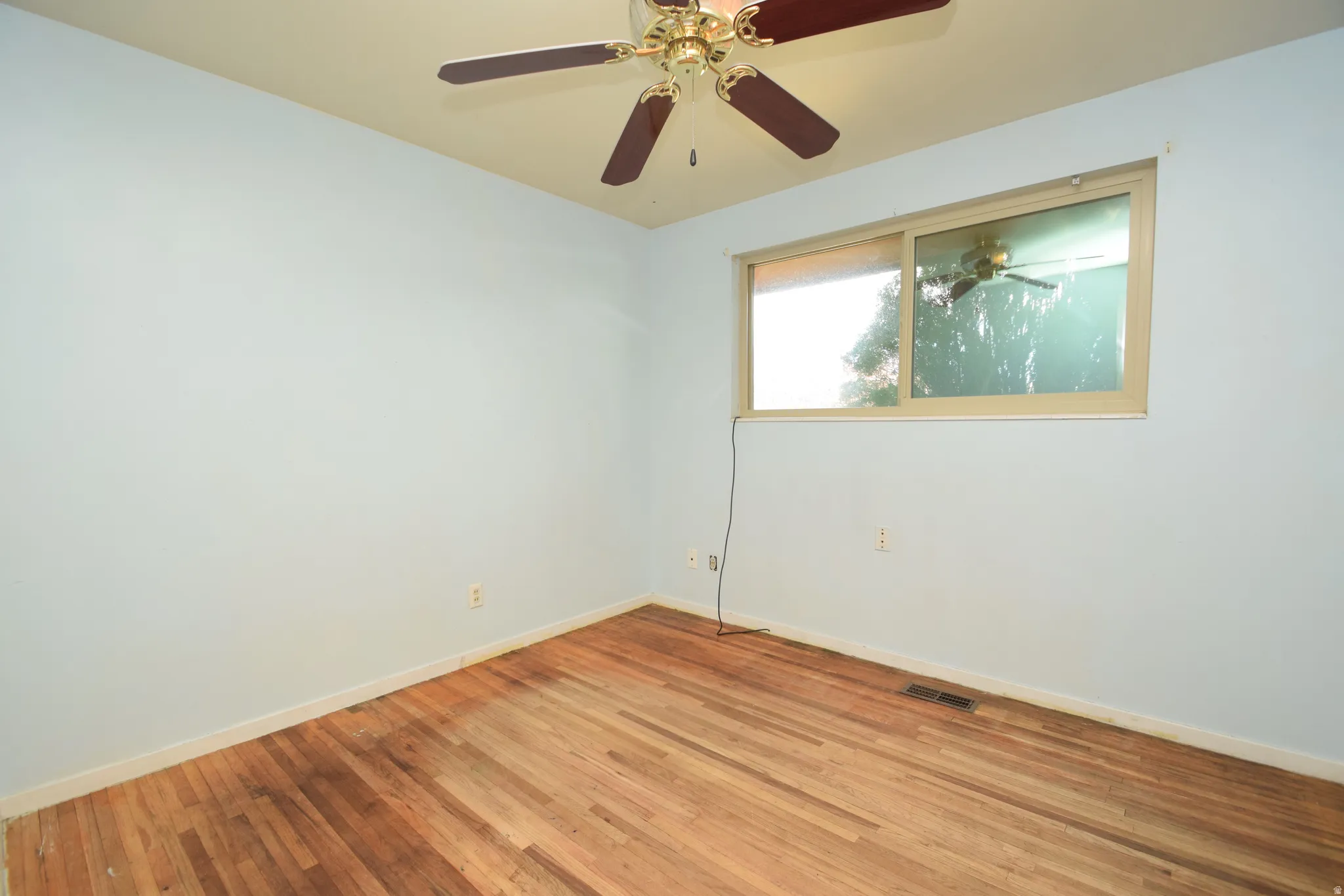 Hardwood flooring, light blue wall paint, ceiling fan, and a window providing natural light