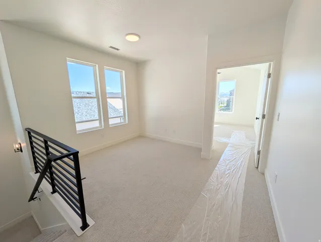 Carpeted loft with white walls, two vertical windows, and a black metal horizontal railing