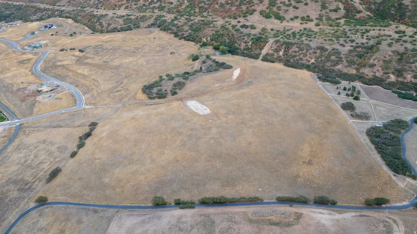 Expansive open land with undulating terrain, featuring scattered natural greenery and a paved road bordering the perimeter
