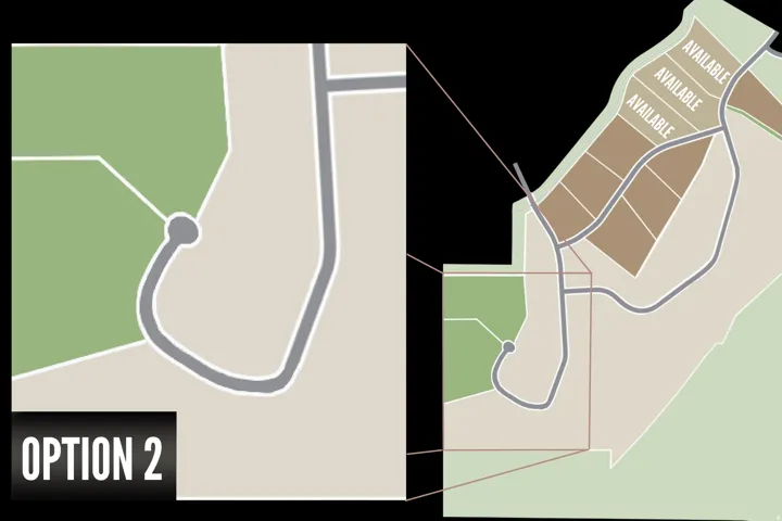 Site Plan, Option 2. Illustrating the layout of property parcels and infrastructure elements