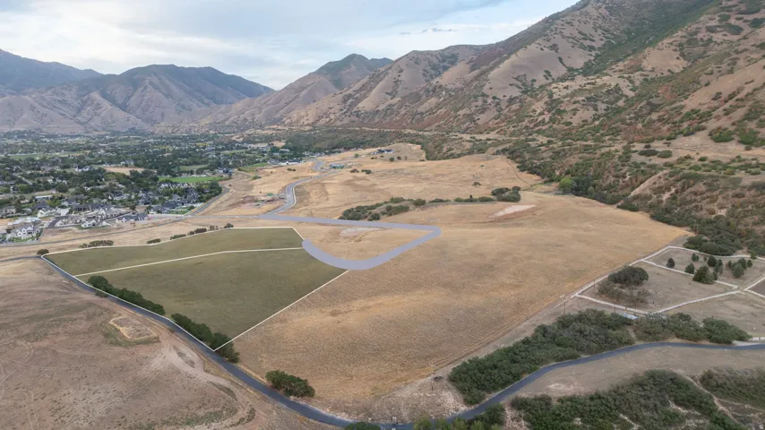 Expansive land parcel featuring delineated lot lines, paved roadways, and a mountainous backdrop
