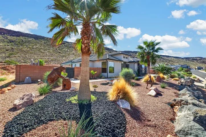 Desert landscaping with mature palm trees, decorative rock, and a stone retaining wall
