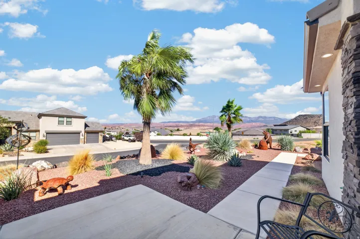 Desert-inspired landscaping with mature palm trees, decorative rock, and drought-tolerant plantings