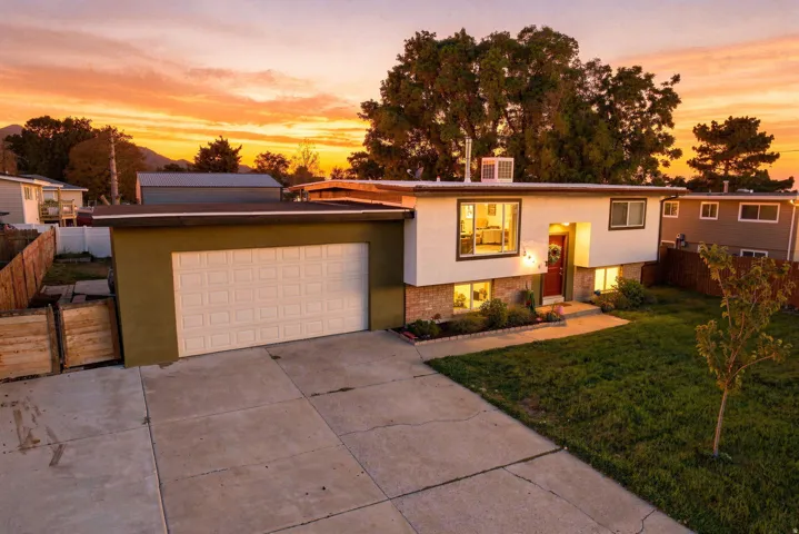Flat roof architecture with a two-car garage, concrete driveway, and established front lawn