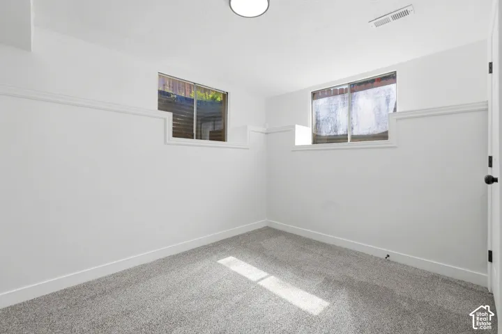 White painted walls, light gray carpeting, and two windows