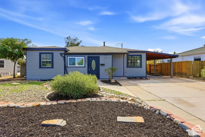 Single-story residence featuring a carport, a paved driveway, and a front entry door with an oval glass insert