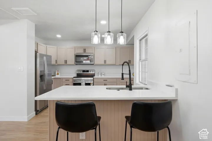 Kitchen featuring light-toned cabinetry, stainless steel appliances, a center island with integrated sink, pendant lighting, and wood-finish flooring