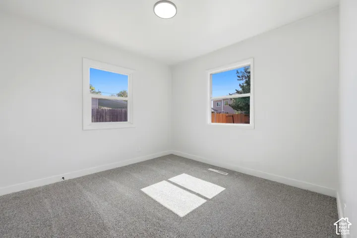 Neutral white walls, gray carpeting, dual windows, and an overhead flush-mount light fixture