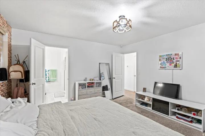Carpeted flooring, white walls, and a decorative ceiling fixture