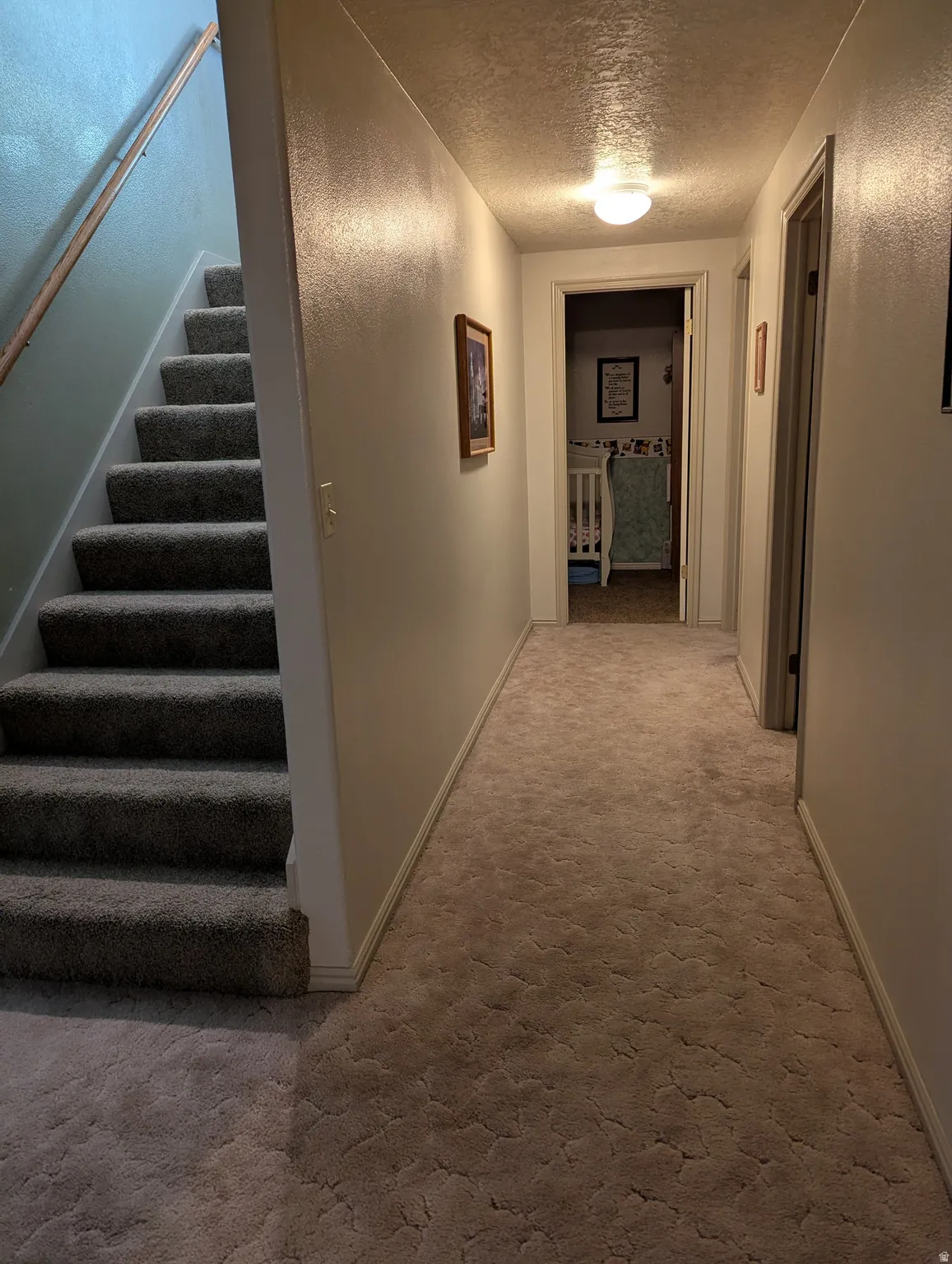 Carpeted staircase with wooden handrail