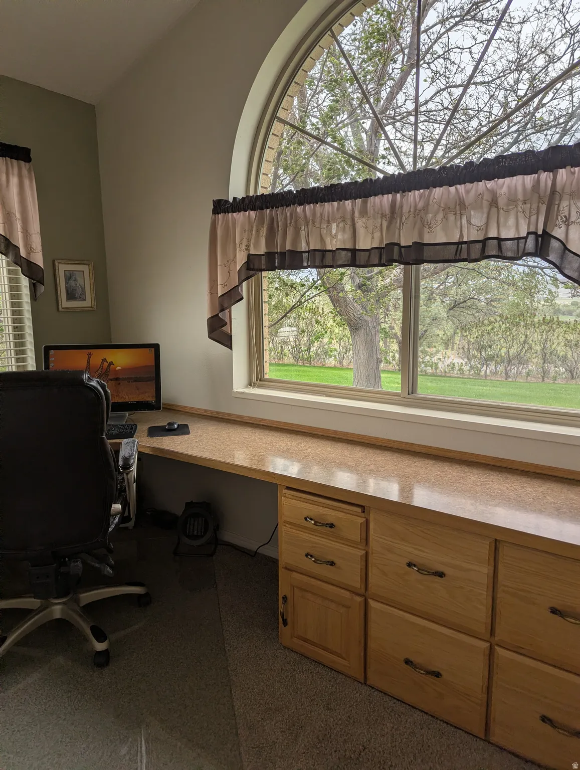 Arch-top window with exterior landscape, built-in desk, wood-finish cabinetry, and carpeted flooring