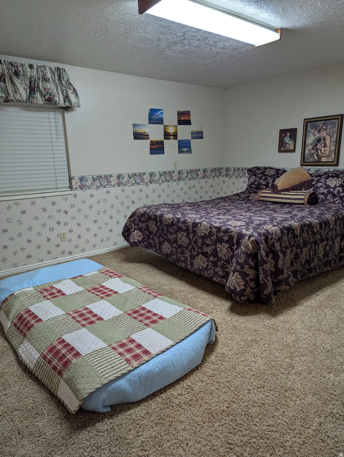 Carpeted flooring, window with blinds, and overhead lighting