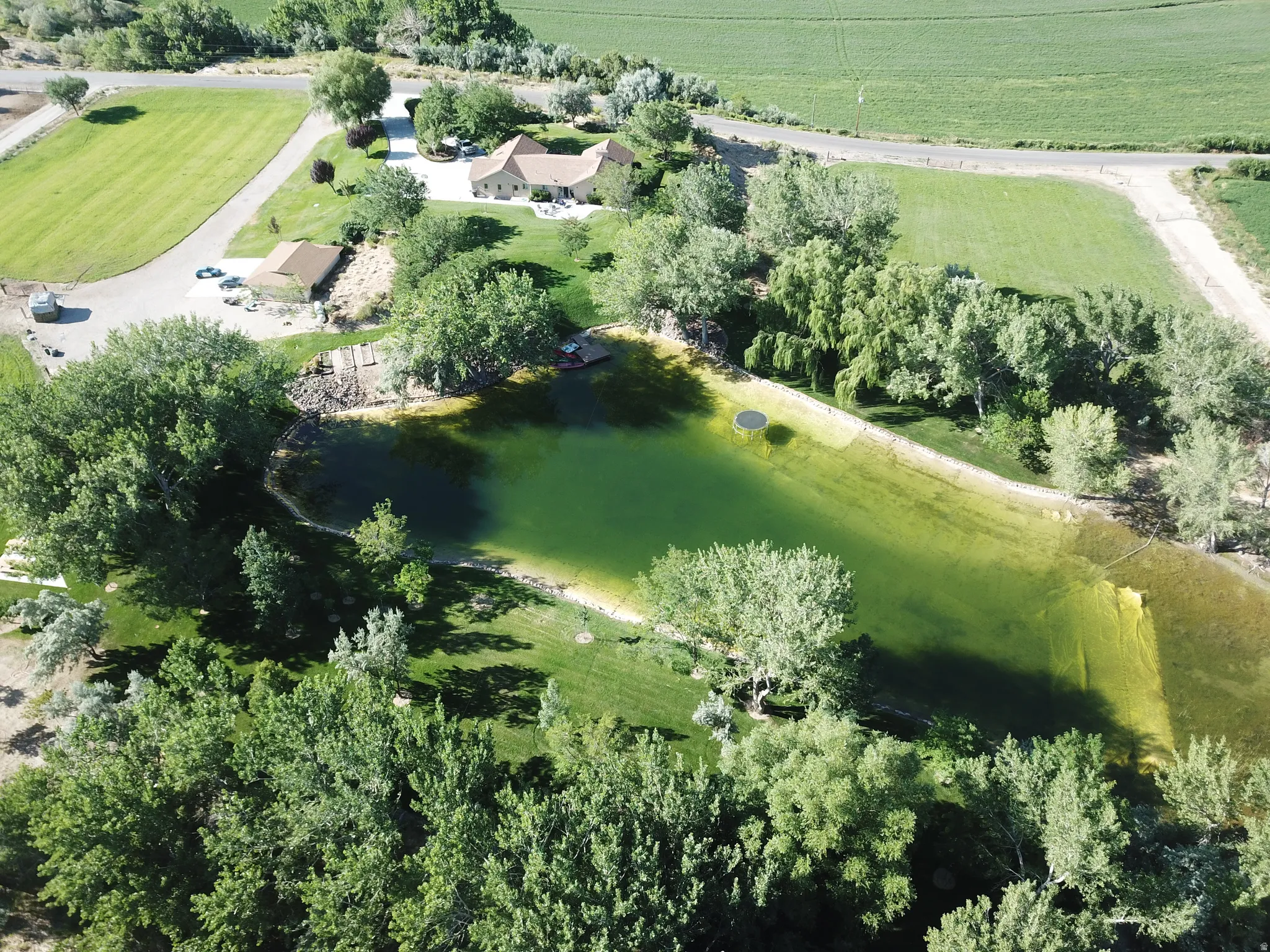 Expansive property featuring a private pond, mature trees, manicured lawns, and a main residence with an attached garage