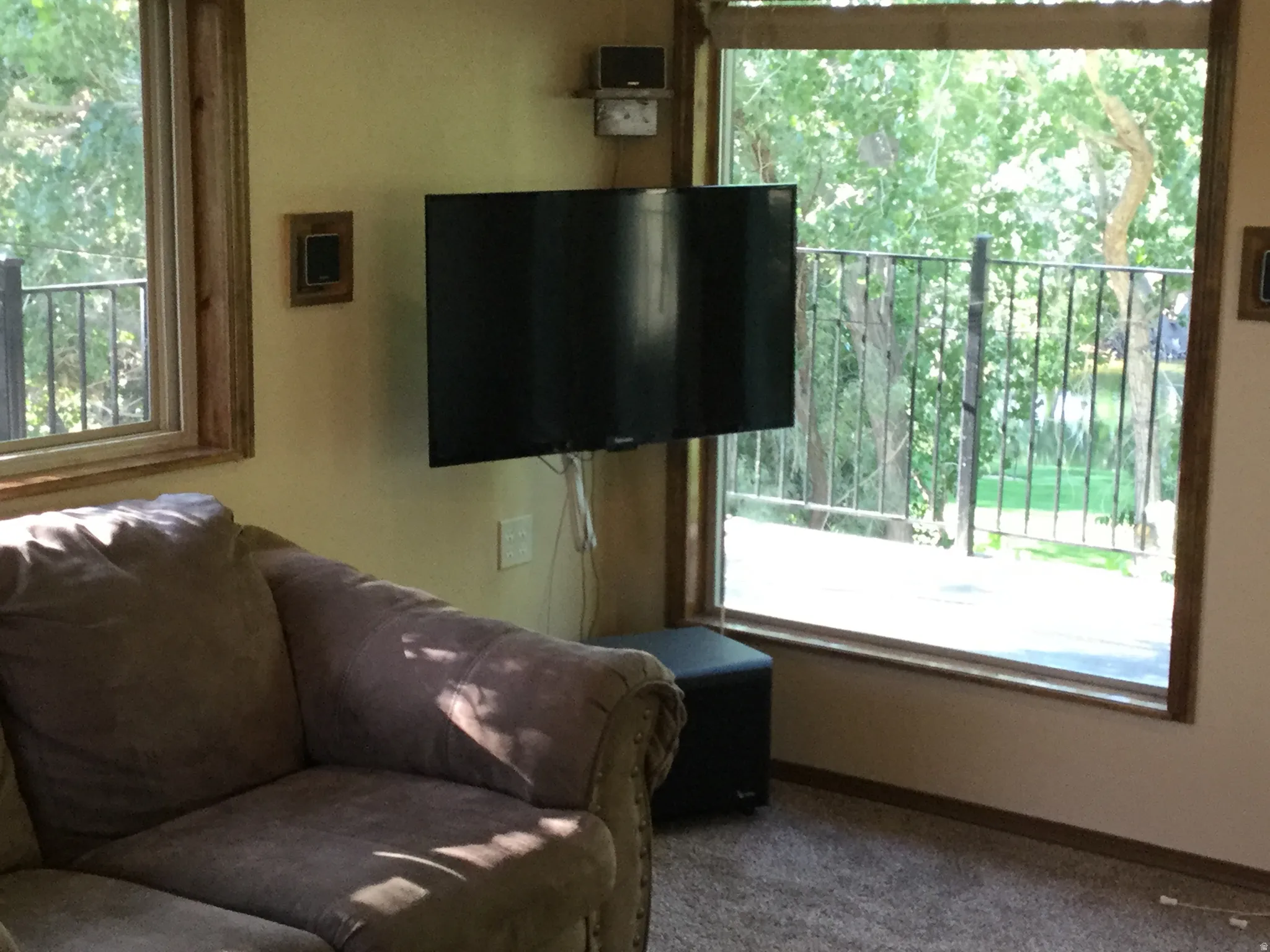 Wood-framed windows, wall-mounted display, and carpeted flooring