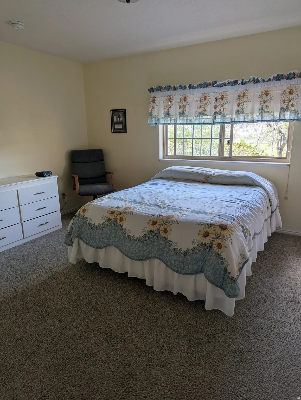 Carpeted flooring, recessed lighting, and a window with a security bar