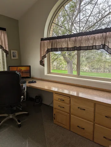 Arch-top window with exterior landscape, built-in desk, wood-finish cabinetry, and carpeted flooring