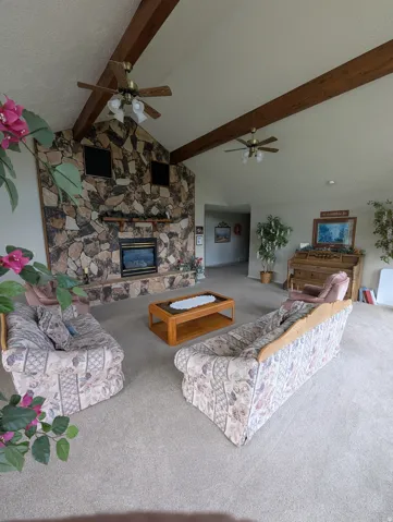 Vaulted ceiling with exposed wood beams