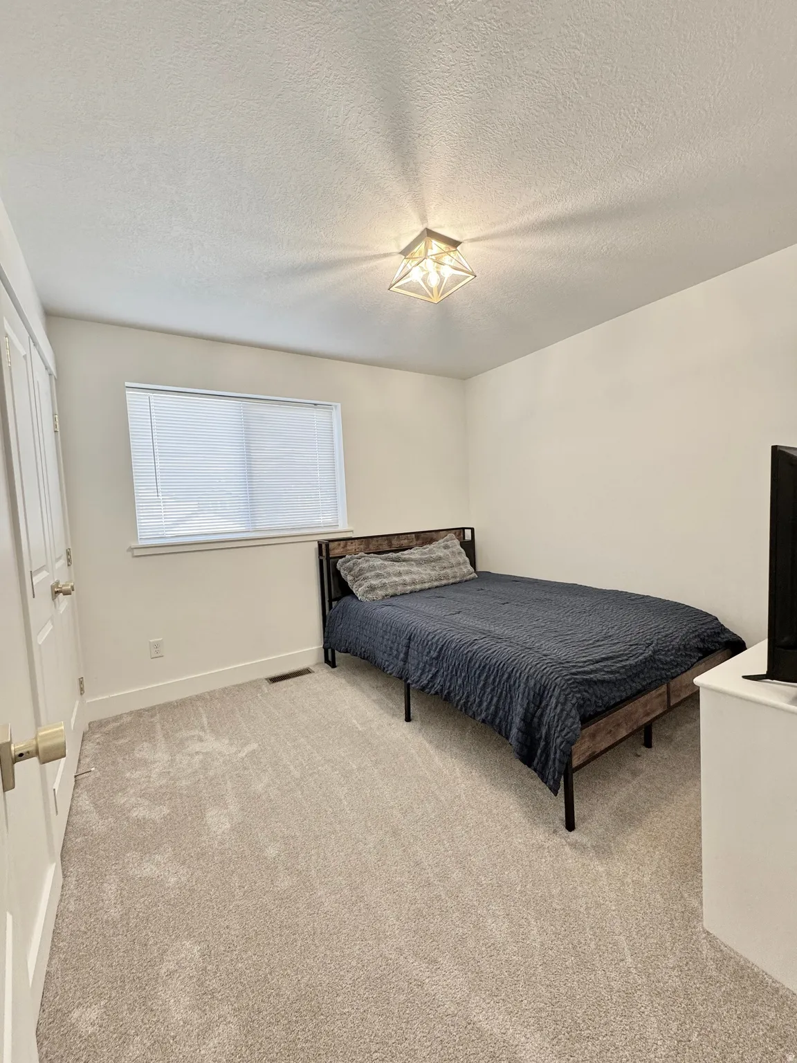 Light-toned carpeting, white walls, and a window with blinds