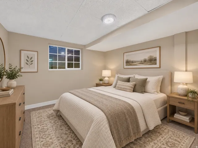 Window with grid pattern, neutral wall tones, carpeted flooring, white ceiling panels, and recessed lighting