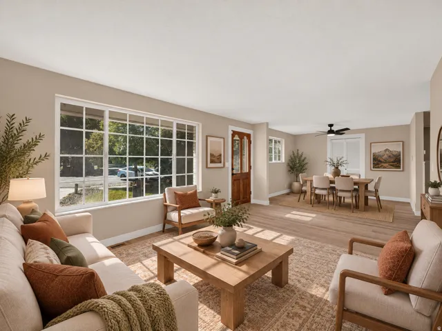 Expansive living area with wood-finish flooring, a large grid-pane window, and a paneled entry door