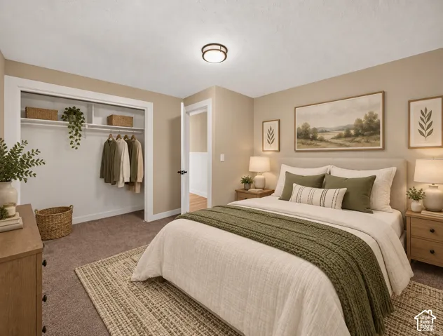 Plush carpet flooring, neutral wall tones, and a built-in closet with shelving and hanging rod