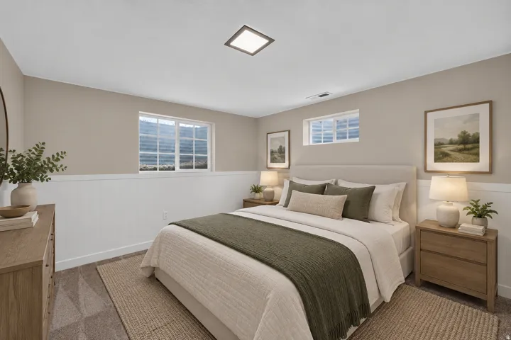 Neutral wall tones, white paneling, multiple windows, and carpet flooring create a comfortable atmosphere