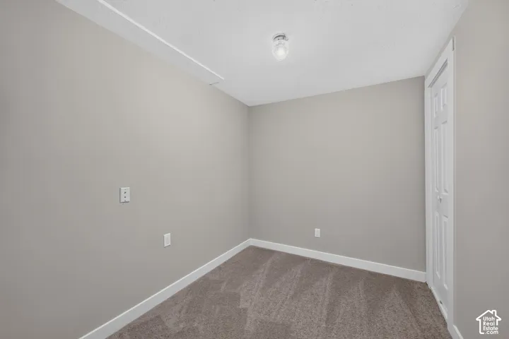 Neutral-toned walls with white trim, textured carpeting, and a white paneled door