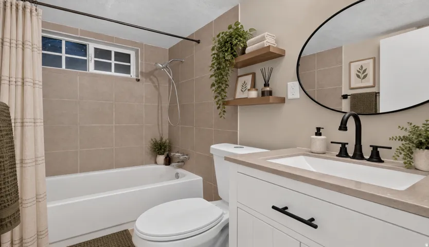 White vanity with black hardware, integrated rectangular sink, and light-toned countertop