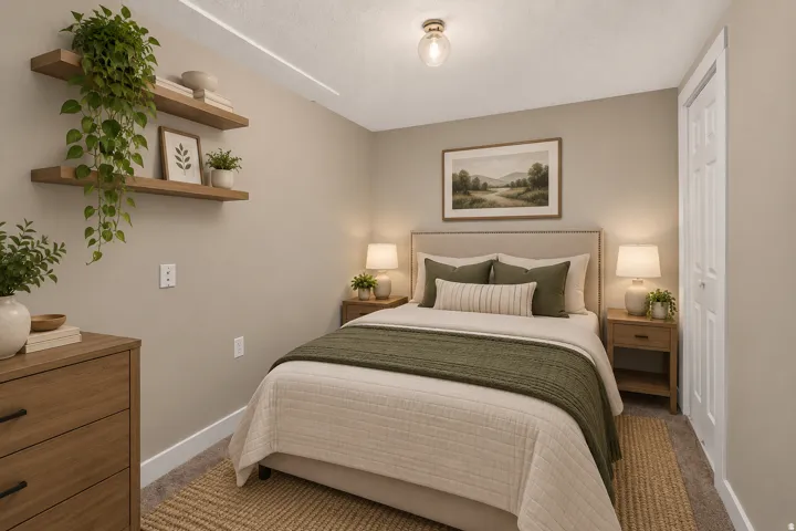 Wood-finish floating shelves, ceiling-mounted light fixture, carpeted flooring, and a paneled wardrobe door