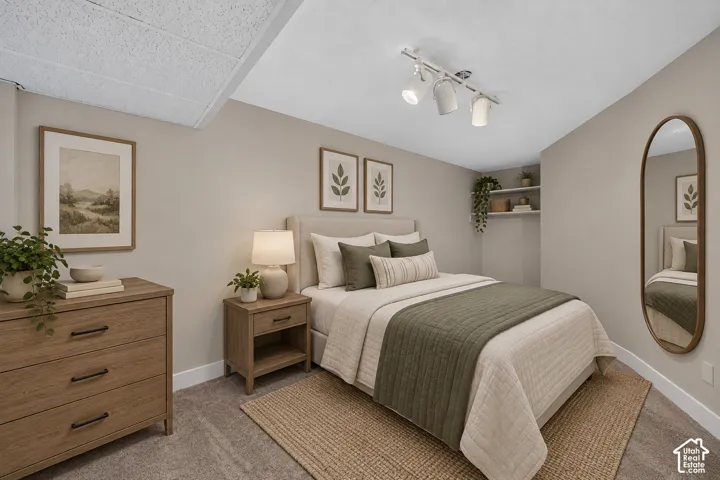 Neutral wall paint, track lighting, carpet flooring, and built-in shelving