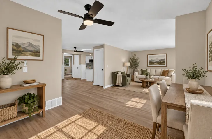 Wood-finish flooring throughout, complemented by neutral wall tones