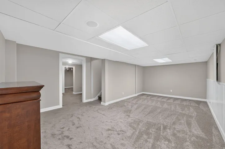 Spacious room with plush gray carpeting, neutral wall paint, and white wainscoting