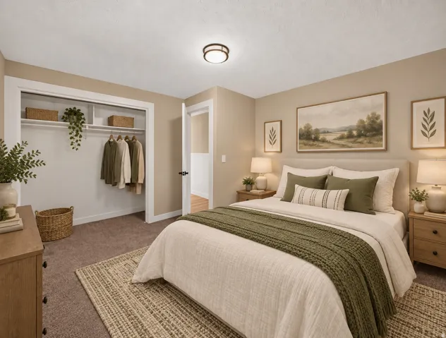 Plush carpet flooring, neutral wall tones, and a built-in closet with shelving and hanging rod