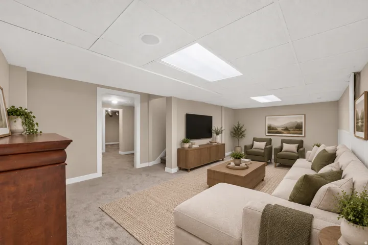 Recessed lighting, drop ceiling, neutral wall tones, carpet flooring, and a built-in media console