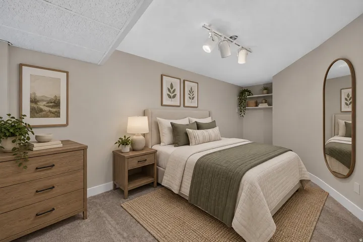 Neutral wall paint, track lighting, carpet flooring, and built-in shelving