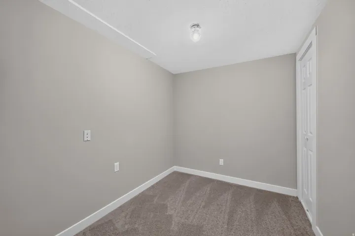 Neutral-toned walls with white trim, textured carpeting, and a white paneled door
