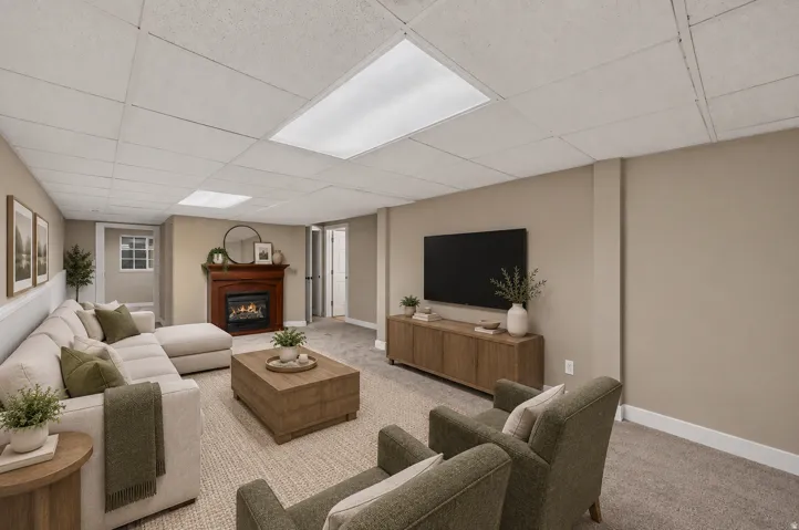 Recessed lighting, drop ceiling, gas fireplace with wood mantel, carpeted flooring, and neutral wall tones