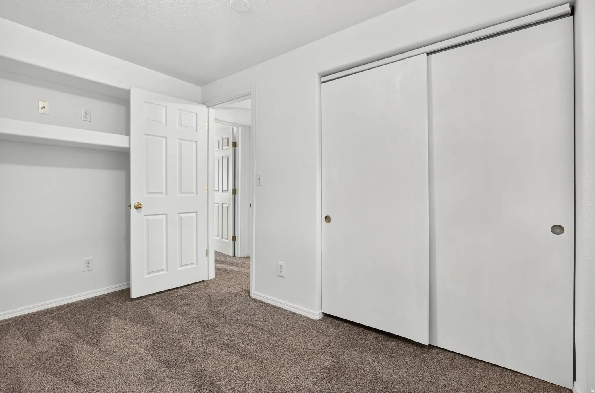 Plush carpeting, interior door with polished brass hardware, and sliding closet doors