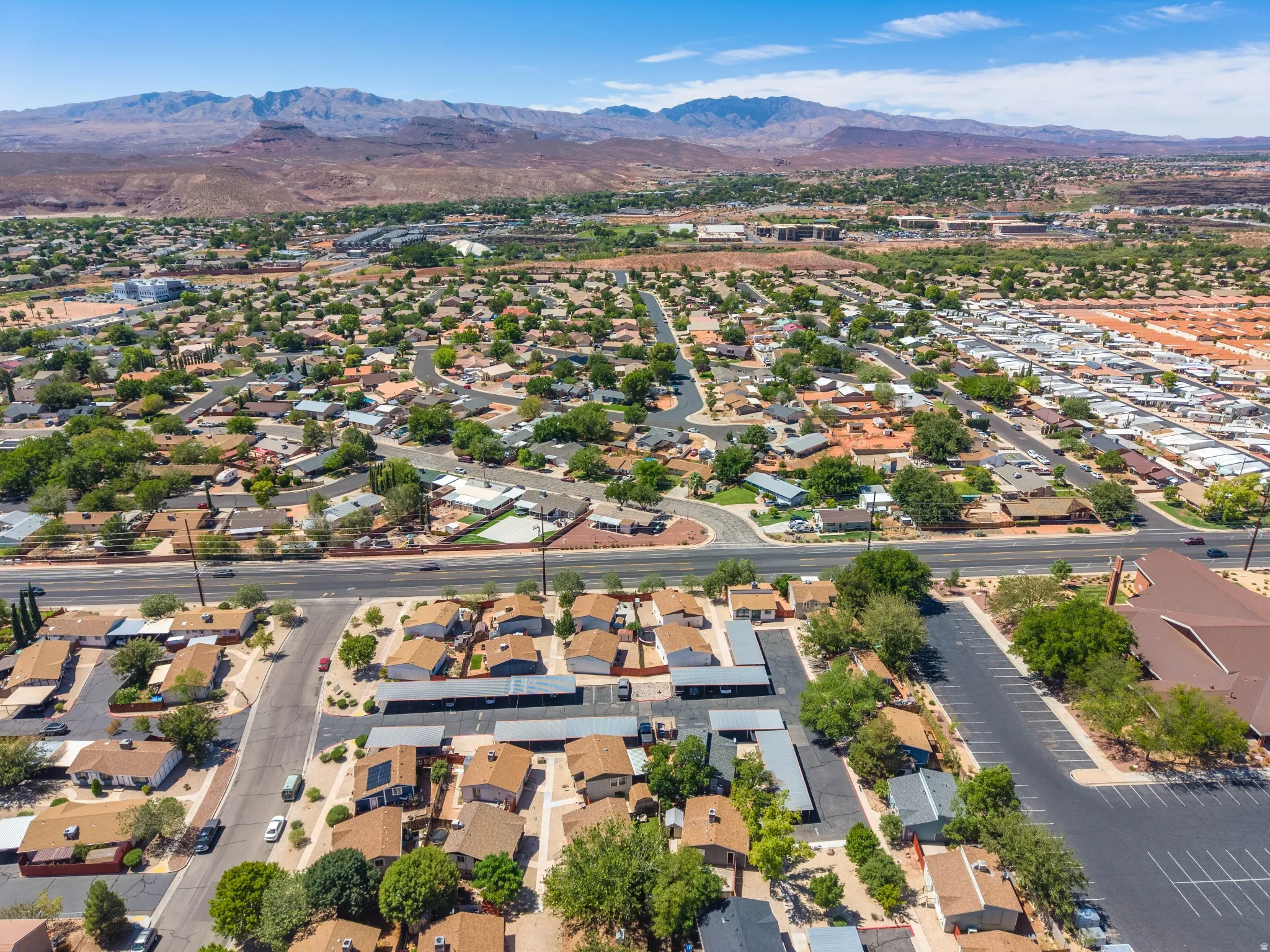 Expansive residential community with established landscaping and paved roadways