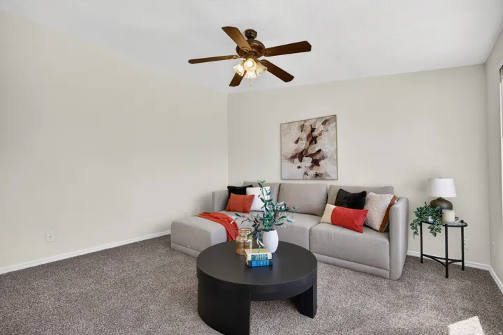 Neutral wall finishes with a ceiling fan light fixture