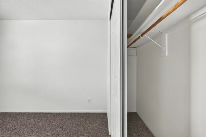 White walls and brown carpet flooring
