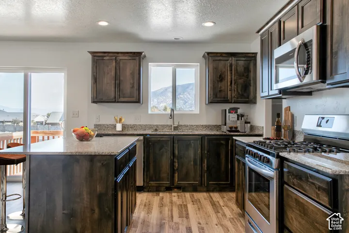 Kitchen featuring dark wood-finish cabinetry, light speckled countertops, stainless steel appliances, a center island with countertop seating, and wood-finish flooring