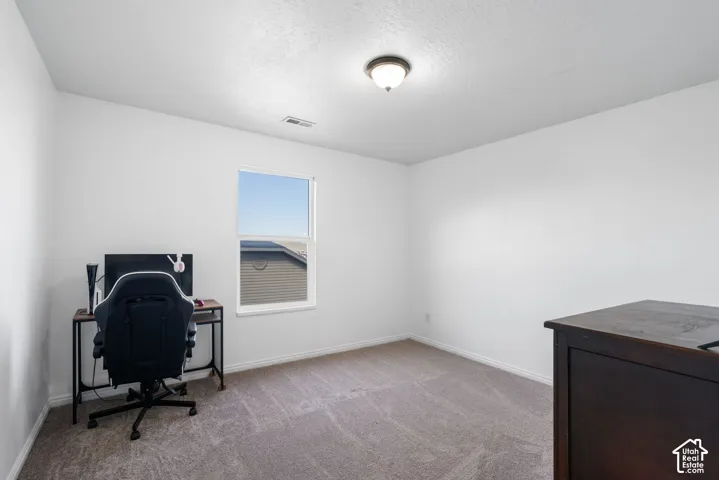 Neutral-toned carpeting, white walls, and a single window with a white frame