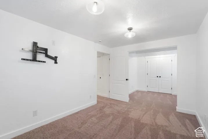 Neutral-toned carpeting, white interior doors with black hardware, and two flush mount ceiling lights