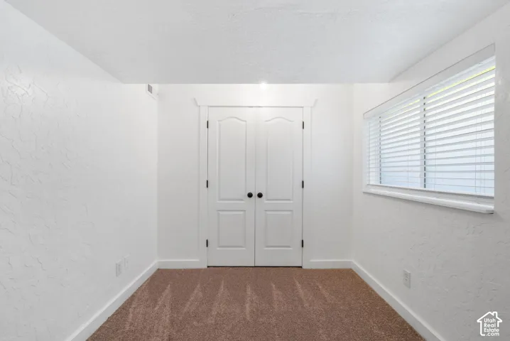 Recessed lighting, window with blinds, carpeted flooring, and double panel doors with dark hardware