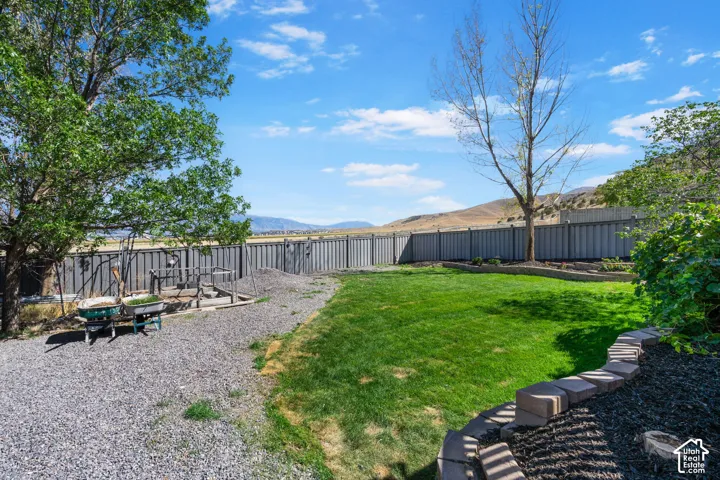 Expansive backyard featuring a lush lawn, gravel hardscaping, established trees, and a durable perimeter fence
